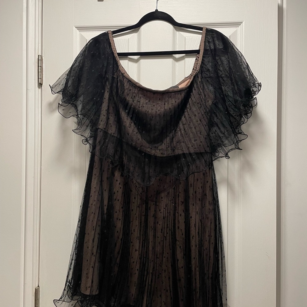BCBG pleated Swiss dot mesh dress